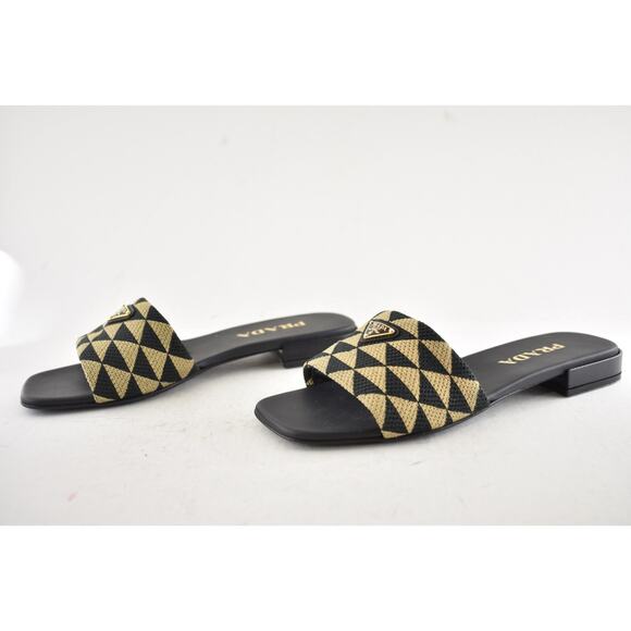 Prada Jacquard Triangle Logo Black Beige Tan Leather Slide Sandal Flat Mule 37.5 - Picture 16 of 16